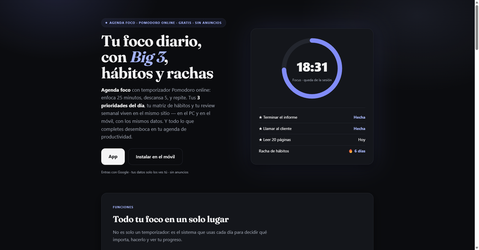 Hero de Agenda Foco — Tu foco diario con Big 3, hábitos y rachas