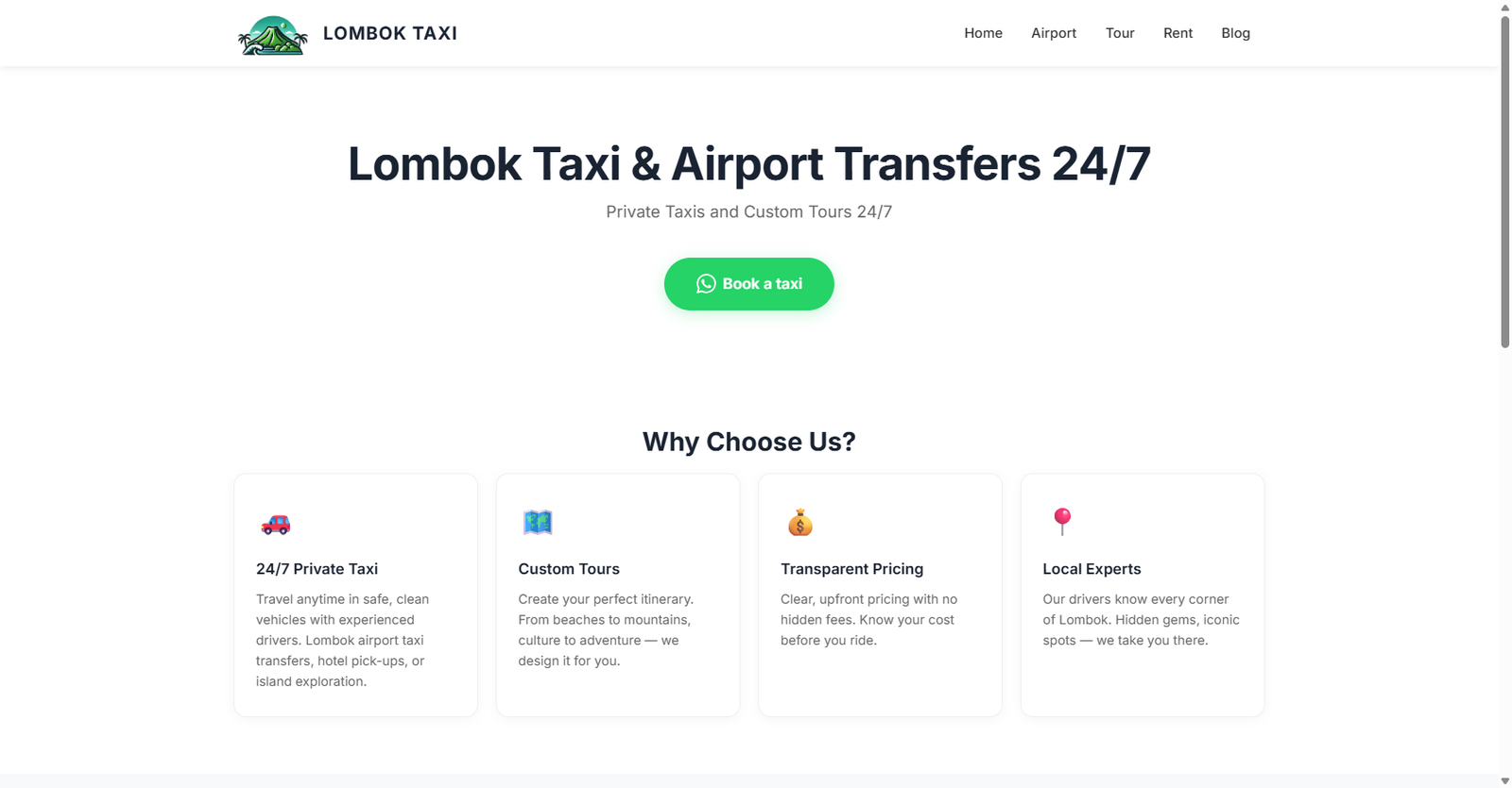 Lombok Taxis — hero reservas 24/7